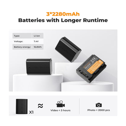 K&F Concept NP-FZ100 (3-Pack) 2280mAh Rechargeable Camera Battery and Triple Slot Charger Kit with USB Type-C / Micro B Input Fast Charging for Sony Alpha A7 III, A7R III (A7R3), A9, a6600, a7R IV, Alpha a9 II, Alpha 9R (A9R), Alpha 9S (A9S)