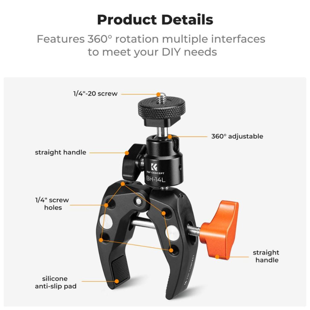 K&F Concept Universal Super C Clamp with 360° Dual Head Magic Arm, 18-60mm Clamping Surface, 1/4"-20 Expansion Ports, & 1.5kgs Load Capacity for Smartphone Clip, Fill Light, Compact, DSLR, SLR, Mirrorless, Panoramic, Action Cameras