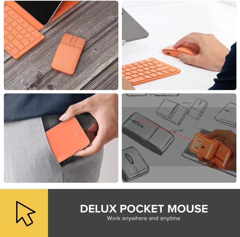 Delux MF10 PRO Bluetooth Wireless Pocket Sliding Optical Mouse and Presenter with Up to 1600 DPI Resolution Sensor, Built-In Red Laser Pointer, and Rechargeable 40 Hour Battery for PC and Laptop Computers and Tablets - Orange, Purple, White