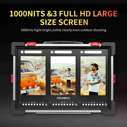 FEELWORLD PS101 Triple 10.1" IPS Vertical Screen Carry On LCD Video Monitor w/ HDR, 4K HDMI / 1080p 3G-SDI Input Output, 1000 Nits, Load Custom 3D LUTs, 3 Tally Sigl Lights, Full Programmable Buttons & V-Mount Battery Plate