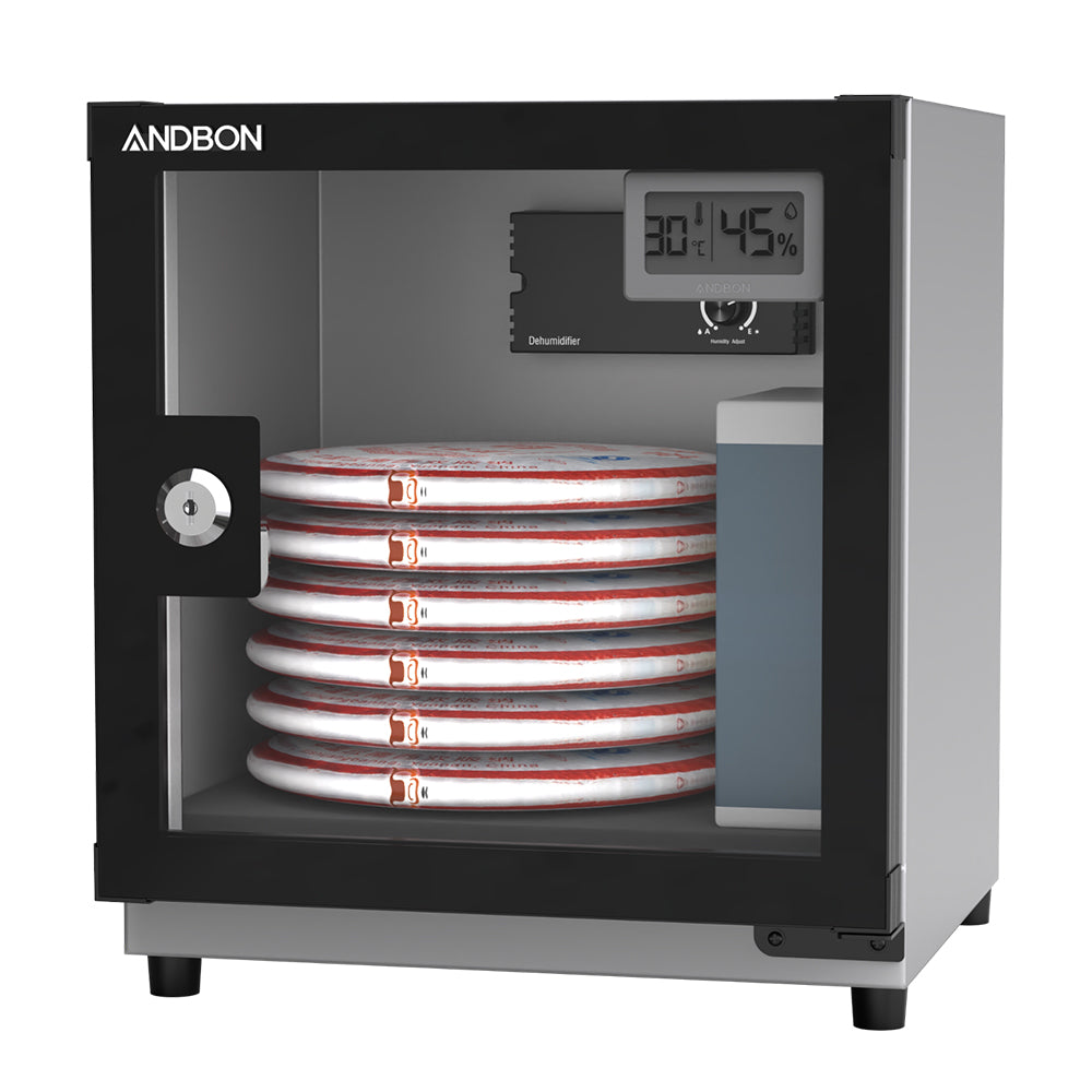 Andbon AB-18C 18L Electronic Dry Cabinet Moisture Proof Dehumidifying Box with 30-60%RH, Noiseless, Analog Digital LCD Display, Controller Knobs and Key Lock Security for DSLR Mirrorless Cameras & Lens Lenses | Metallic Grey, Silver Black, Amber Orange