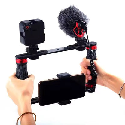 Pxel Handheld Video Kit Cage for Smartphone with Dual Arm Silicon & PVC, Phone Holder, Mini Microphone, Adjustable Mini LED Light, 1/4" Threading & Dual Adjustable Cold Shoe for Video Shoot and Vlogging | AA-VG1 | AA-VG2