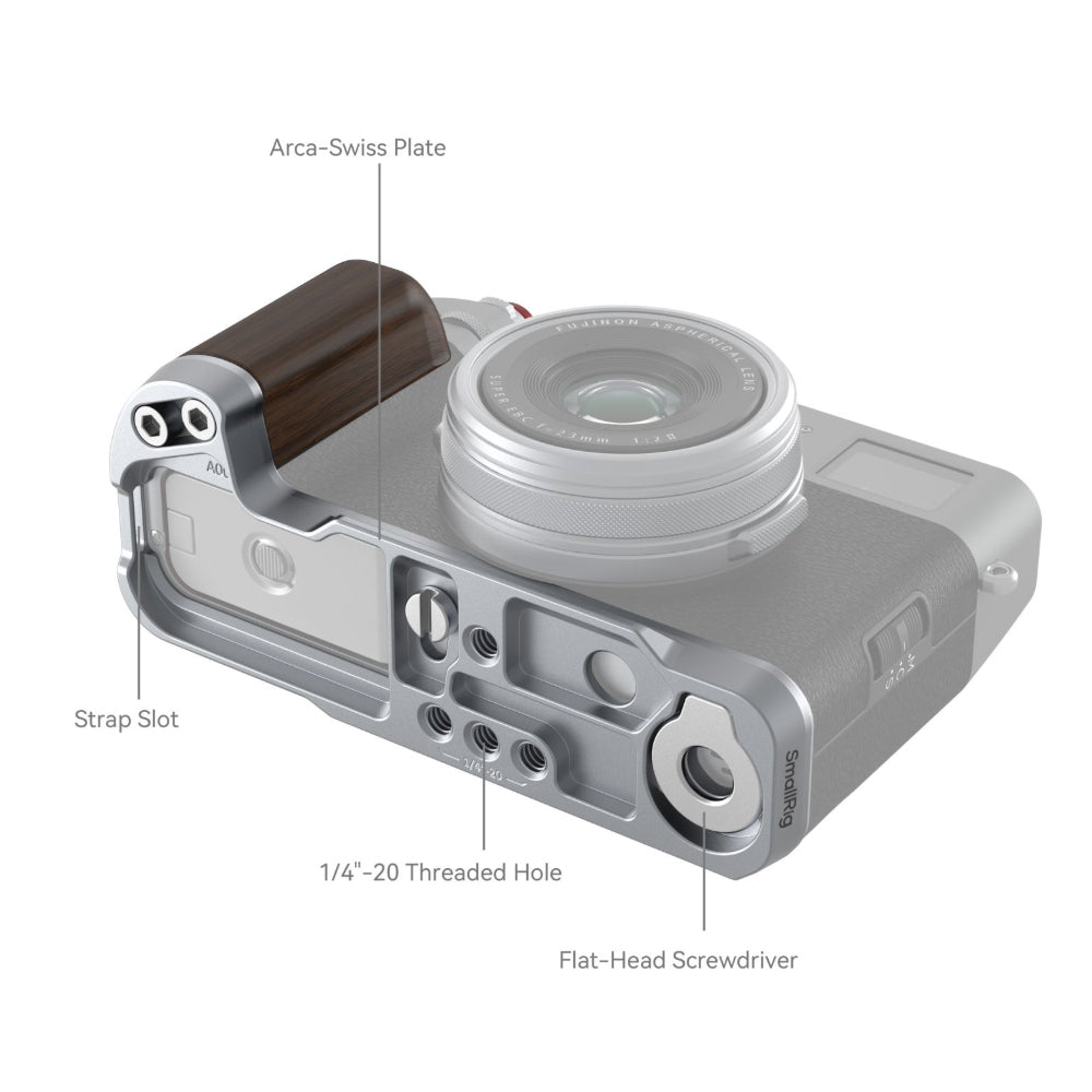SmallRig Camera L-Shape Mount Bracket for FUJIFILM X100VI / X100 with Wooden Handle Grip, Arca-Swiss Type Baseplate, Multiple 1/4"-20 Accessory Attachment Threads & Hot Shoe Cover