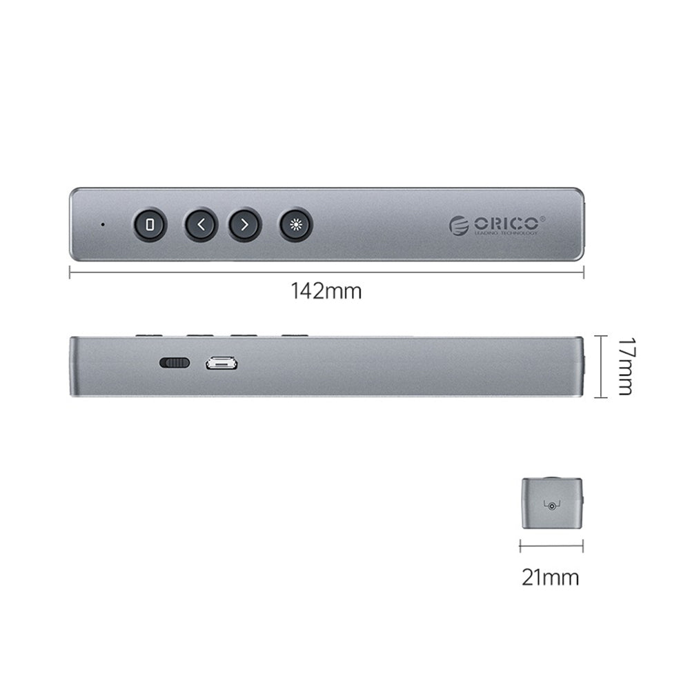 [CLEARANCE] ORICO 2.4GHz Wireless 180mAh Rechargeable Presentation Remote Clicker Pointer with 50m Control Range, 3R Class Laser, Magnetic USB Receiver for Windows, macOS, Linux, Android, Conference Presentation (Silver) | OPPT-06