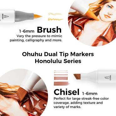 Ohuhu Honolulu Series Alcohol Based 6 Pastel / Portrait Skin Tone Colors Dual Tip Brush and Chisel Art Marker Colored Pens for Stationary, Drawing, Arts & Crafts | Y30-80404-36 Y30-80404-38