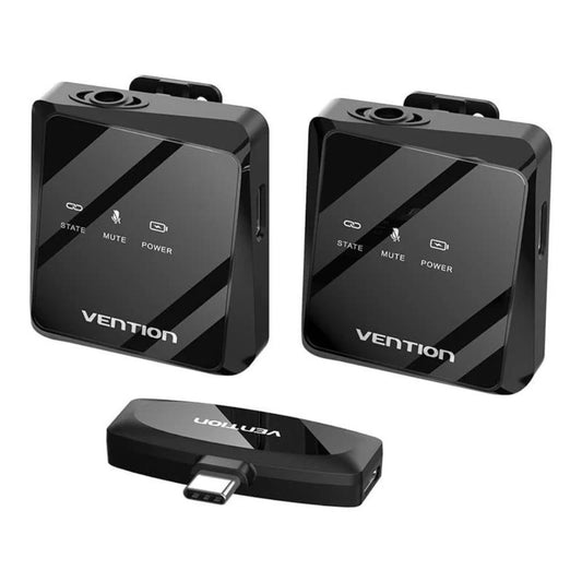 Vention 2TX+1RX Wireless Microphone with 2-Person Clip-On Mic Transmitter and USB Type-C Receiver - 26 Hours of Battery Life, Noise Cancellation, 20ms Low Latency, and Plug & Play for Android Smartphones & iPhone 15 Series