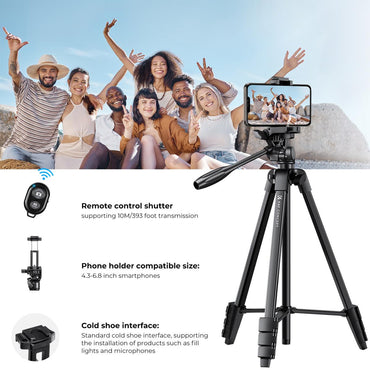 [CLEARANCE] K&F Concept 2-in-1 Aluminum Tripod with Built-in Smartphone Holder, Bluetooth Shutter Remote Controller, 52cm to 152cm Adjustable Height, 360° Pan/175° Tilt for Camcorder, DSLR, Mirrorless Camera, iPhone & Android Phones | KF09-125