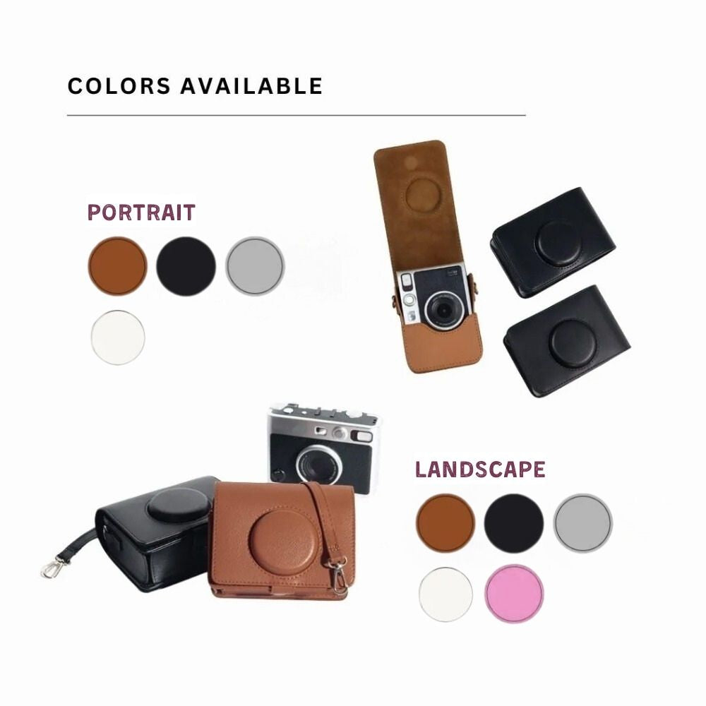 Pikxi Retro Portrait & Landscape Style Shoulder Sling Leather Case Bag for FUJIFILM Instax Mini EVO Instant Film Camera with Shoulder Strap and Formfitting Design for Controls - Available in Brown, Black, Silver, White, Pink Color Options