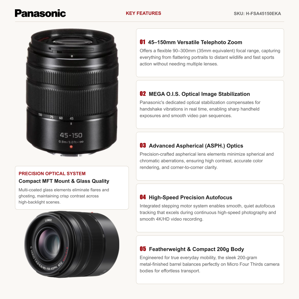 Panasonic Lumix G Vario 45-150mm F/4.0-5.6 ASPH. Telephoto Zoom Camera Lens with MEGA O.I.S.