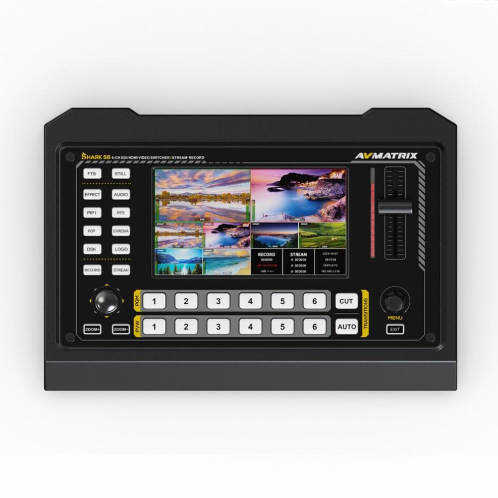 AVMATRIX Shark S6 6-Channel HDMI / SDI Video Switcher with 5" LCD Display Monitor, Multi-Platform Live Stream via Ethernet & USB Type C Port, PTZ Camera Control, Integrated Audio Mixer, USB Disk & SD Card Video Recording Storage