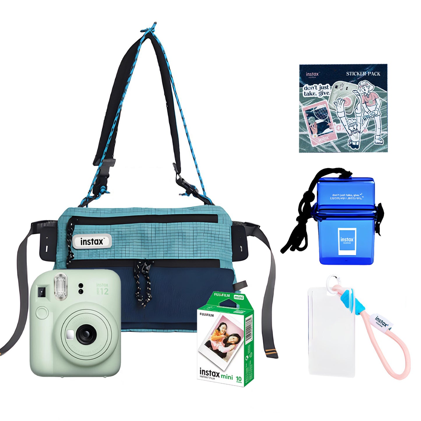 FUJIFILM Instax Mini 12 Instant Camera Club Kit Bundle Pack with Mini Glossy Film 10s, Sling Bag, Waterproof Case, Keychain Photo Holder and Sticker Pack | Blue Green Pink Purple White