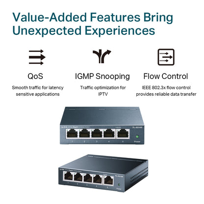 TP-Link TL-SG105 5-Port Gigabit Desktop Switch (Unmanaged) 5x Gigabit 10/100/1000Mbps RJ45 Ethernet Ports, Support  Auto-MDI/MDIX, 802.3X Flow Control, MTU/Port/Tag-based VLAN, QoS, IGMP Snooping, Web/Utility Management