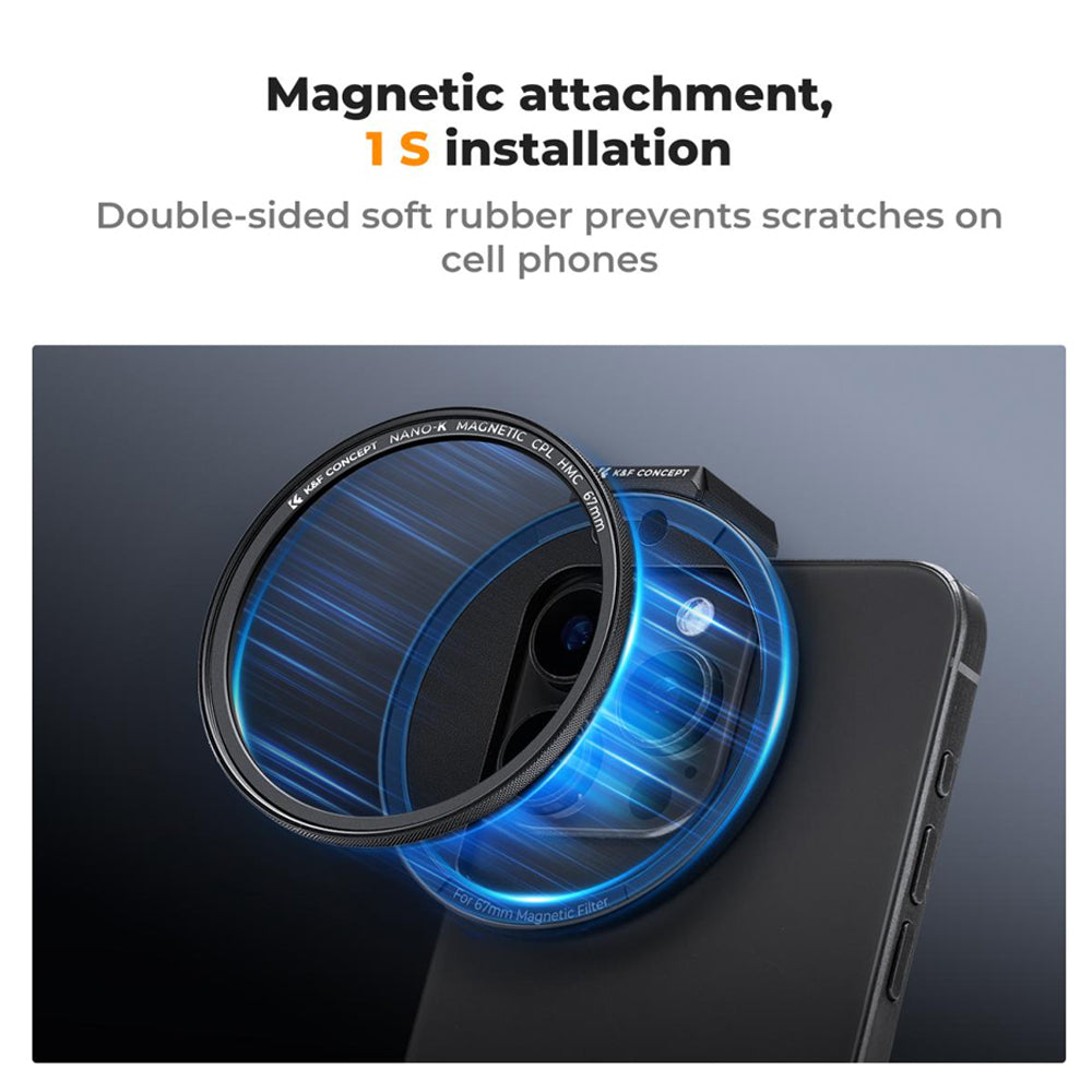 K&F Concept 67mm CPL Circular Polarizer Magnetic Lens Filter for iPhone 15 14 13 12 11 Smartphone with Clip and Cold Shoe Mount