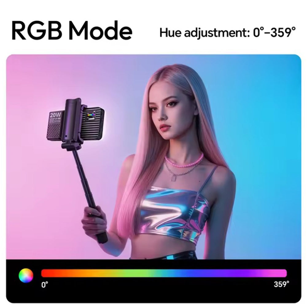Ulanzi K20 RGB Full Color 20W Video LED Panel Light 1800-9000K CCT, 20 Built-in FX Effects, 1.44" Screen Display, 1/4" Cold Shoe Mount, USB-C Charging Port and Lightweight for Photography, Vlogging, Livestreaming and Travel | L207