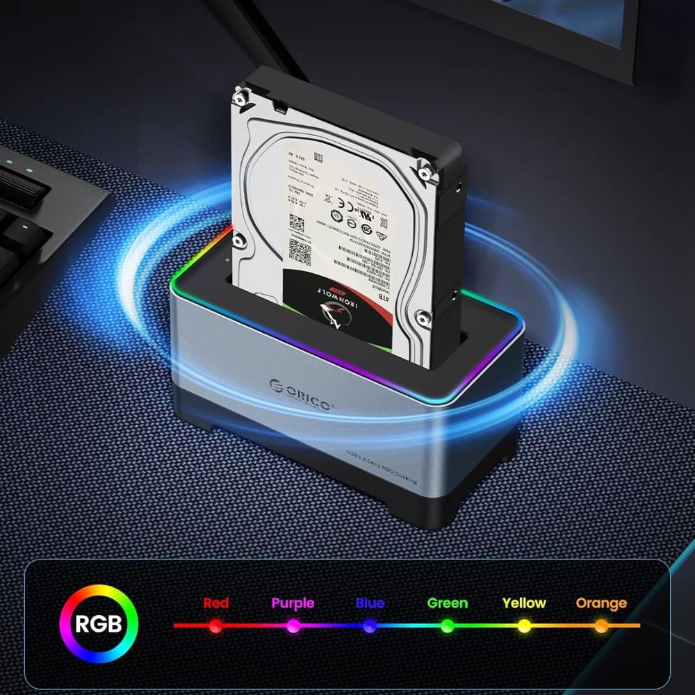 ORICO 2.5-3.5" SATA SSD/HDD to USB 3.2 Gen 2 Type-C RGB Hard Drive Docking Station with 10Gbps Transmission Rate, 18TB Supported Storage Per Bay, 2-in-1 Data Cable for Computer Desktops & Laptops (Windows, MacOS & Linux)