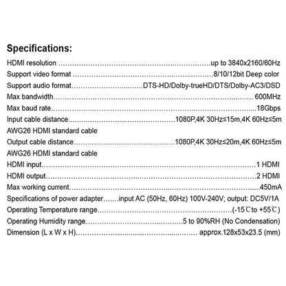 Argox HDMI Splitter 1x2 with Audio, 4K 60Hz, 1 DC/5V, 1 R/L, 1 Optical, 1 HDMI Input, & 2 HDMI Output with LED Indicator for TV Store, Teaching, Market Advertisement