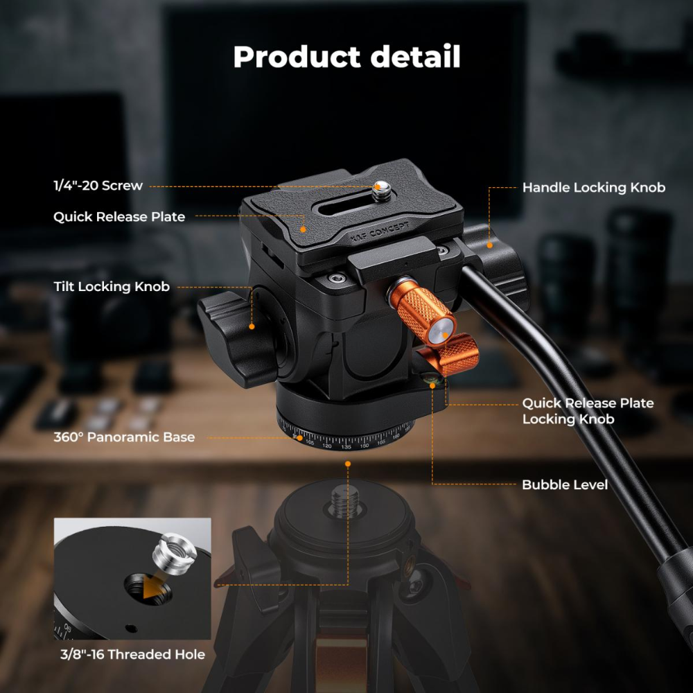 K&F Concept Fluid Video Head with 360° Pan, Quick Release Plate & 3kg Load Capacity