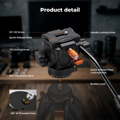 K&F Concept Fluid Video Head with 360° Pan, Quick Release Plate & 3kg Load Capacity