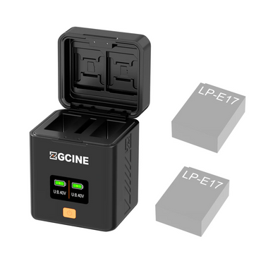 ZGCINE PS-LPE17 Charging Case Dual Battery Charger for Canon LP-E17 Batteries with 8.4V, 0.96" OLED Display, USB-C PD Input, and Memory Card Storage (CFexpress Type-A, SD, microSD) | Canon LP-E17