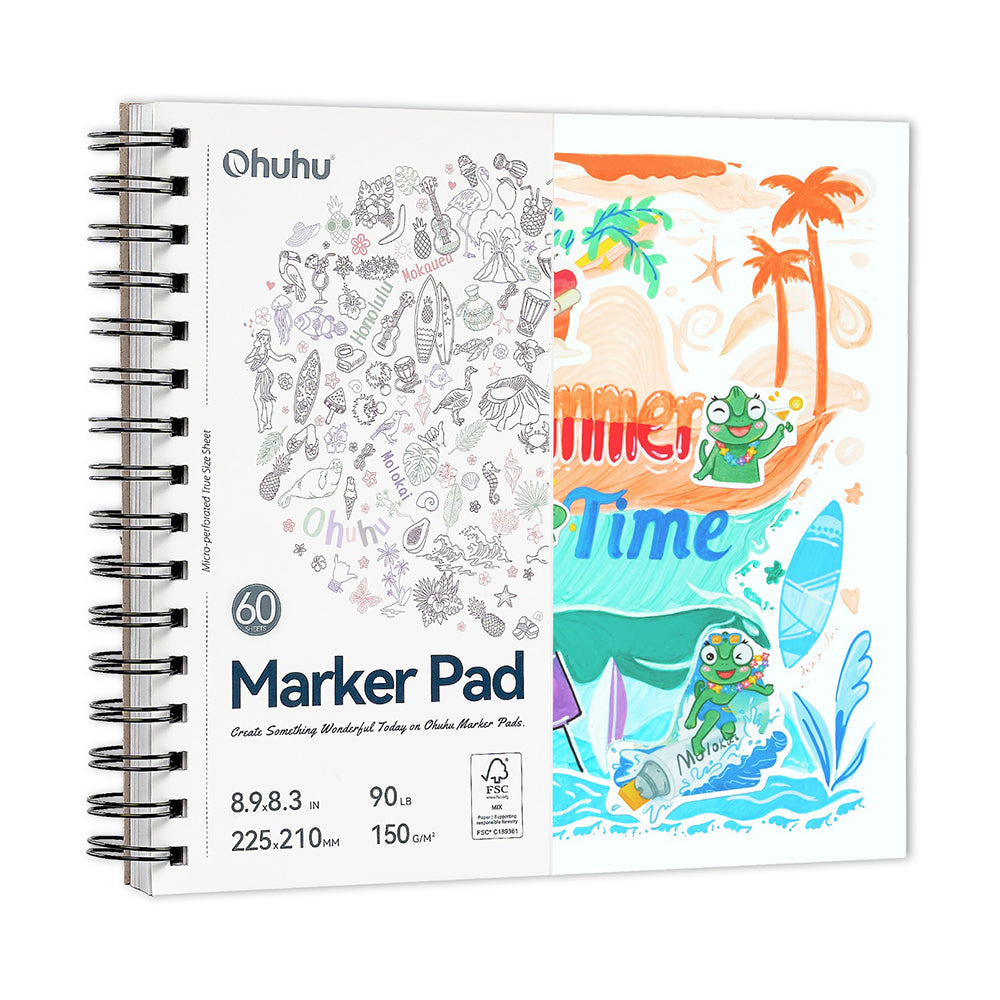 Ohuhu Marker Pads 60 Sheets Double-Sided Bleedproof Pages Acid-Free & Eco-Friendly Paper Spiral-Bound Drawing Pad for Kids & Adults Artworks Illustration Professional School Art Projects Supplies Stationery