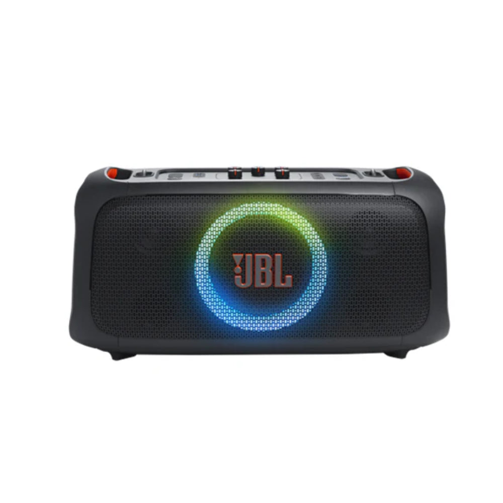 JBL PartyBox On The Go Essential with 2 Wireless Microphones 100W Splash Proof Portable Bluetooth Speaker with Build-In Light Show, 6 hours Music Playtime, Mic & Guitar Jack Audio Inputs for Karaoke Party