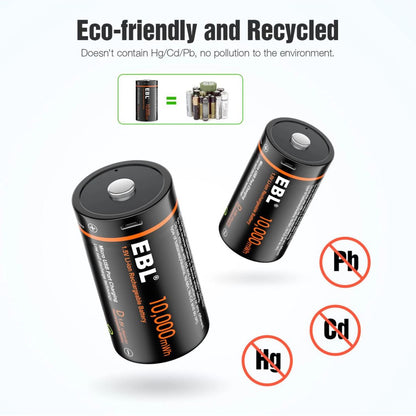 EBL TB-1448 1.5V D Cell 10000mWh High-Performance Rechargeable Li-Ion Lithium Ion Battery with Built-In Micro USB Port for Portable and EUPDATEncy Electronics