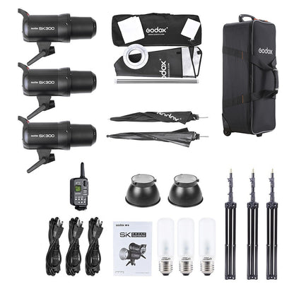 Godox SK300II-D SK300II-E Daylight 300W 3-Kit 2-Kit 2.4G Strobe Flash Kits with Bowens S Front Accessory Mount, 5600K CCT Range, Anti-Preflash Function for Professiol Photography and Studio Lighting Equipment