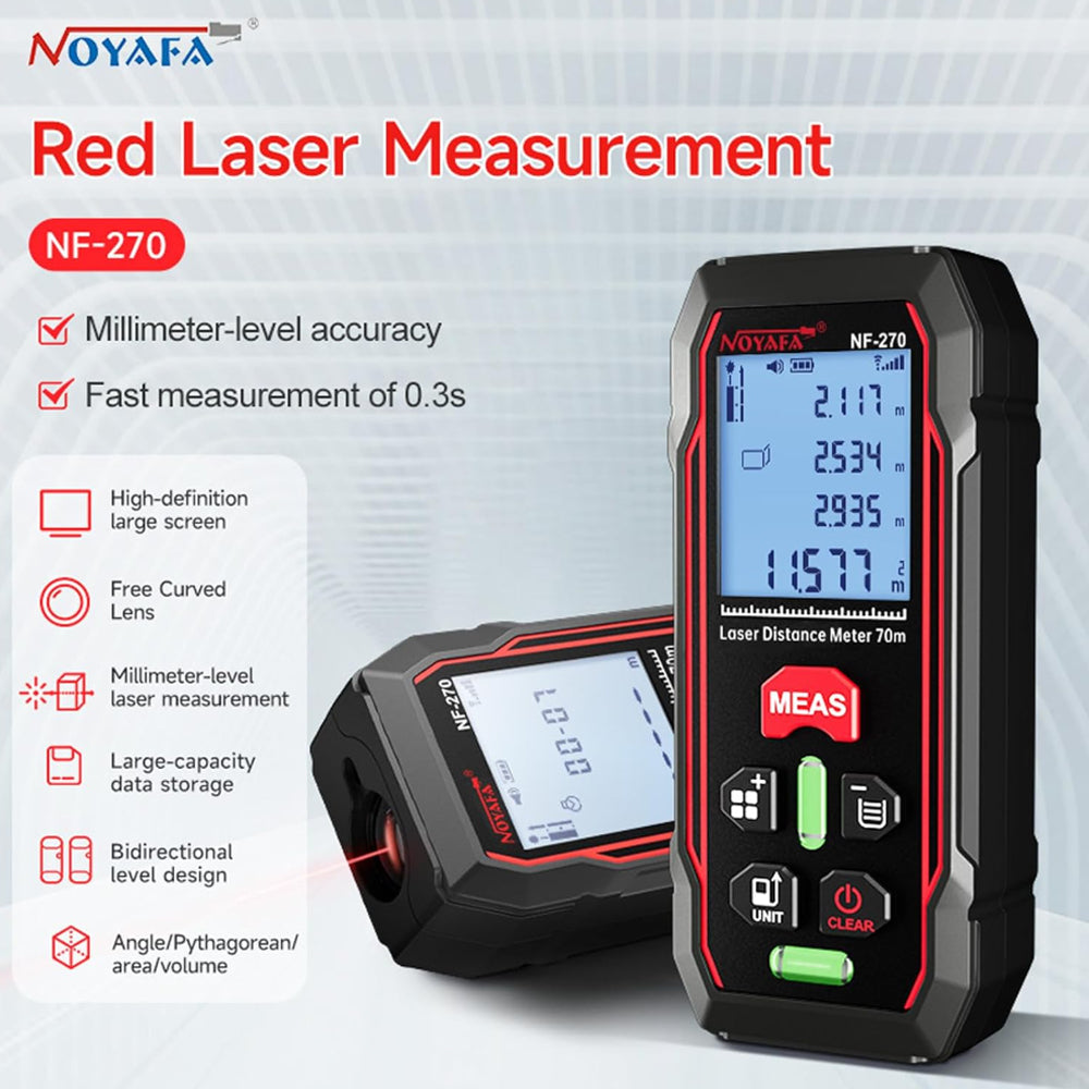 Noyafa NF-270 Laser Distance Meter Tool with 70M Measurement Range for Area Volume Distance, Single Multiple Continuous Mode, Dual High-Precision Level Bubbles - Home Improvement and Industrial Tools