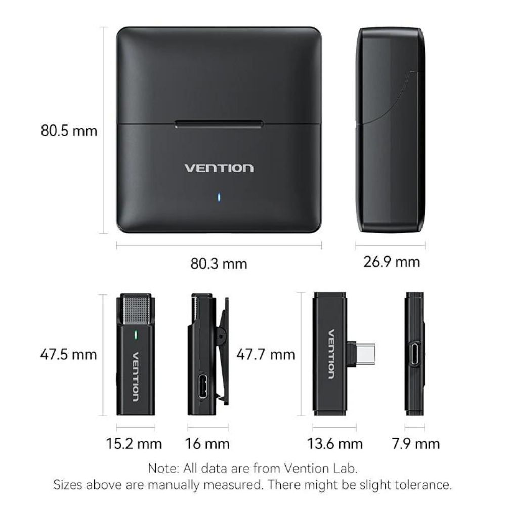 Vention USB-C 2.4Ghz Wireless Lavalier Microphone with Charging Case, 300M Wireless Transmission, HD Audio & Noise Cancellation, 7Hrs Working Time for Content Creators, Vlogging, Video Live Streaming