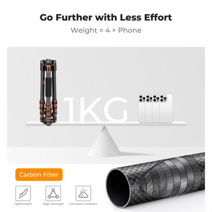 K&F Concept 360° Ball Head 5-Section Carbon Fiber Tripod + Monopod with 8kg Maximum Load Capacity & 1.52m Height, 1/4" Threaded Mounts for DSLR Mirrorless Cameras | A225C0+BH-25L
