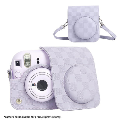 Pikxi BMS12 Fujifilm Instax Mini 12 PU Checkered Style Silicone Rubber Protective Camera Case Bag with Shoulder Strap - Clay White