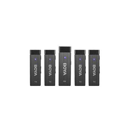 Boya BY-W4 Ultracompact 2.4GHz Four-Channel Wireless Microphone System for Cameras, Smartphones, Tablets, PC with 4 Transmitter, 1 Receiver, 30m Range, 360 Degree Omnidirectional Sound, 3.5mm TRRS Output, 2 Selectable Patterns TX RX
