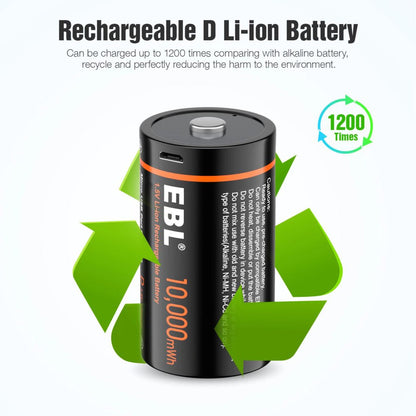 EBL TB-1448 1.5V D Cell 10000mWh High-Performance Rechargeable Li-Ion Lithium Ion Battery with Built-In Micro USB Port for Portable and EUPDATEncy Electronics