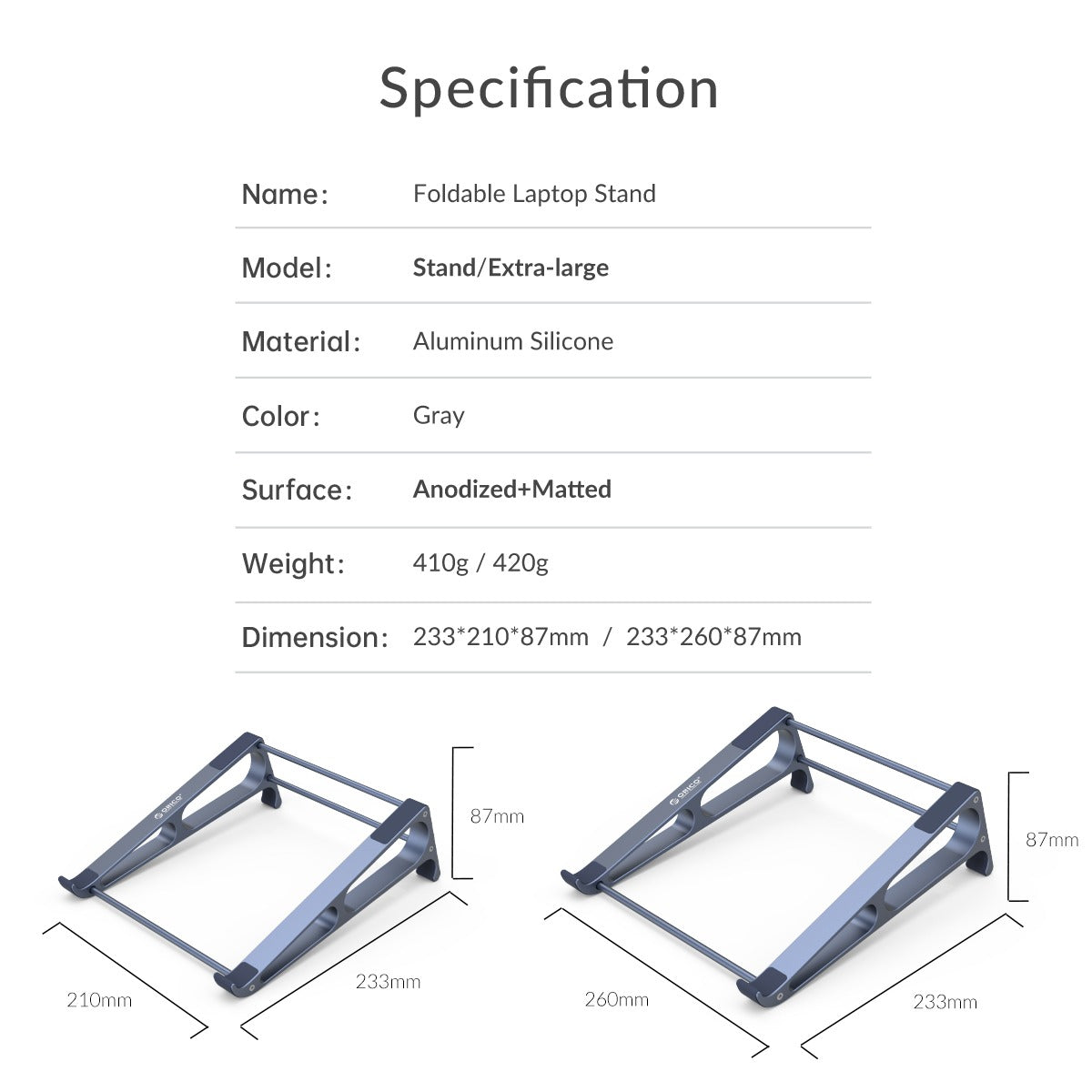 ORICO Aluminum Laptop Stand Desktop Riser (21x23.3cm / 26x23.3cm) for MacBook, iPad, Notebook Computers, and Tablets