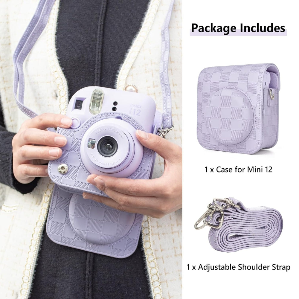 Pikxi Checkerboard Style Instant Camera Bag for FUJIFILM Instax Mini 12 Film Cameras with Shoulder Strap with Detachable Front Case Cover - Available in Black, White, Lilac Purple, and Mint Green Color