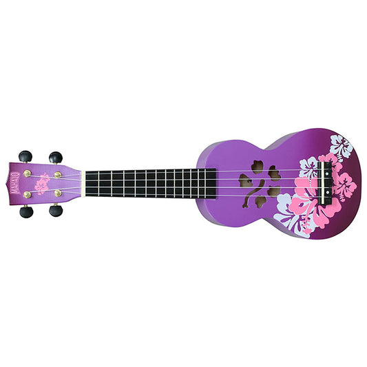 Mahalo Hawaii Hibiscus Flower Series Soprano Acoustic Ukulele 4 String Guitar Gold-Plated with 12 Frets, NuBone XB (Purple Burst)