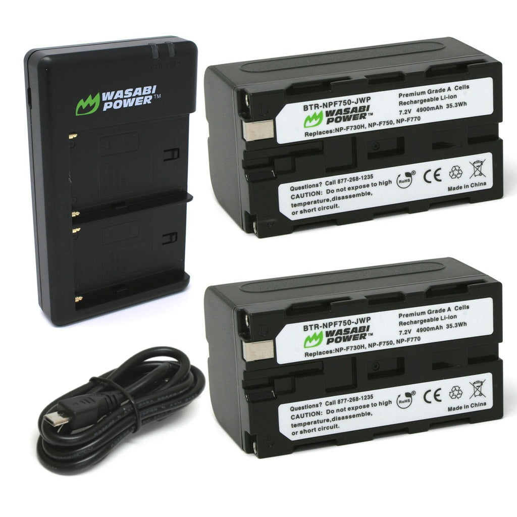 Wasabi Power NP-F750 (2 Pack) 7.2V 4900mAh Battery and Dual USB Charger Kit with Power Indicators for Select Atomos, Blackmagic Design, Sony L-Series NP-F550, NP-F960 and HDR-AX2000, HDR-FX1 Digital Video Camera