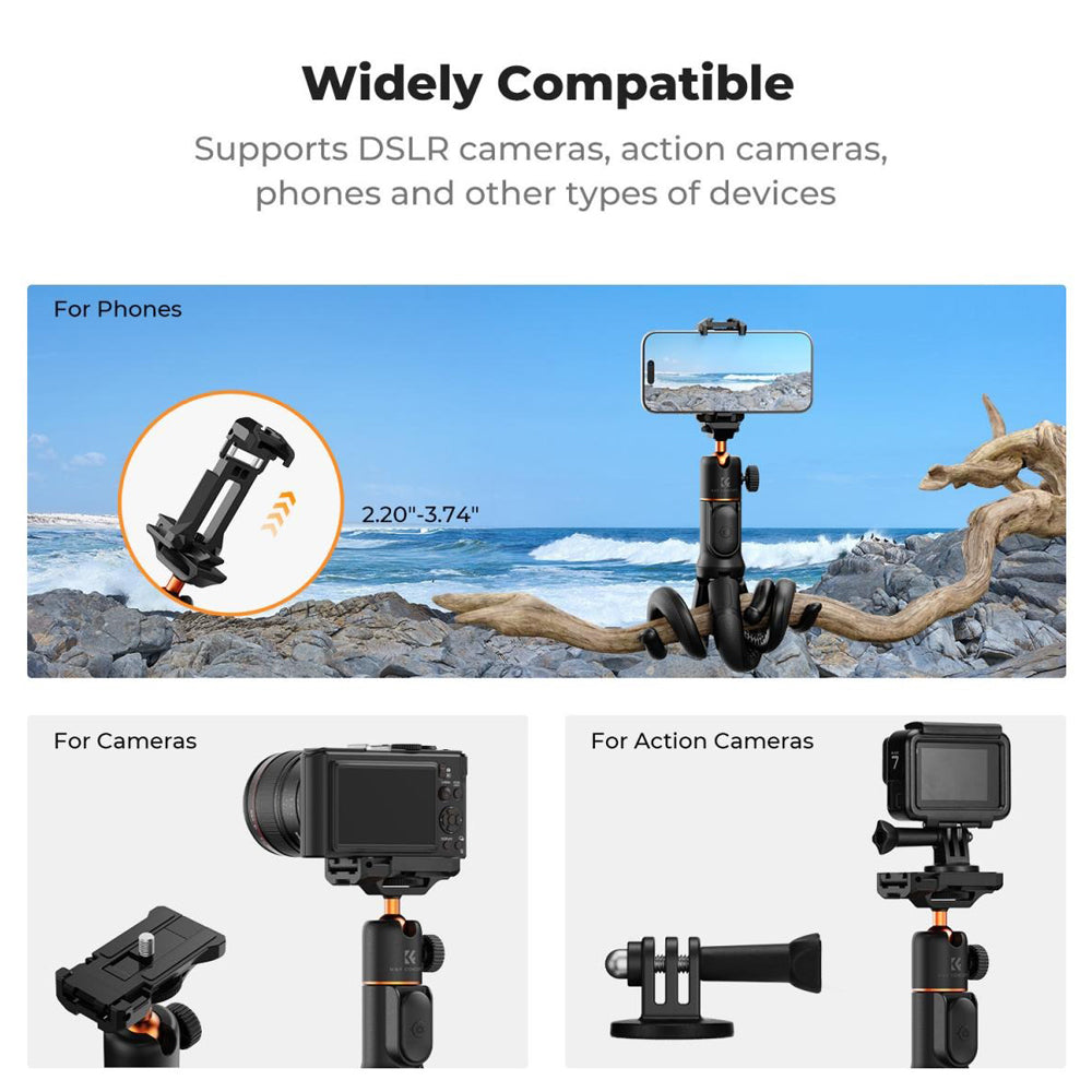 K&F Concept MS29 Extendable Flexible Tripod + Remote with 10m Wireless Range, Max 23.6" Height, 2kg Max Load Capacity, 360° Pan / 90° Tilt Ball Head with 2 in 1 Phone Clip for Smartphones, Action Cameras and Mirrorless Camera
