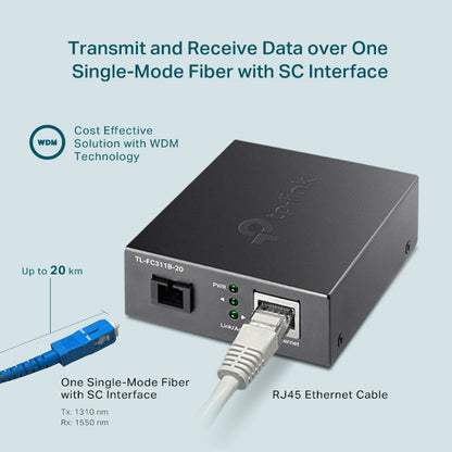 TP-Link TL-FC311B-20 10/100/1000Mbps WDM Single-Mode Media Converter Fiber Optic Transceiver UTP TP LINK TPLINK