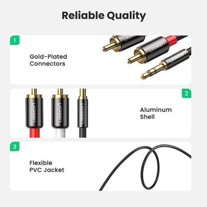 UGREEN 3.5mm AUX Male to 2 RCA Male Audio Jack Gold-Plated Cable for Audio Devices (Available in 3M, 5M) (Gray) | 1051