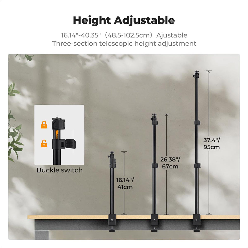 K&F Concept 102cm Aluminum C-Clamp Desktop Stand with 3kg Load Capacity, Buckle Lock, 360° Adjustable Ball Head, Light Stand Mount Adapter, Phone Holder and 1/4-3/8" Screw Holes for Camera Smartphone & Ring Lights | 1-Pack / 2-Pack Options