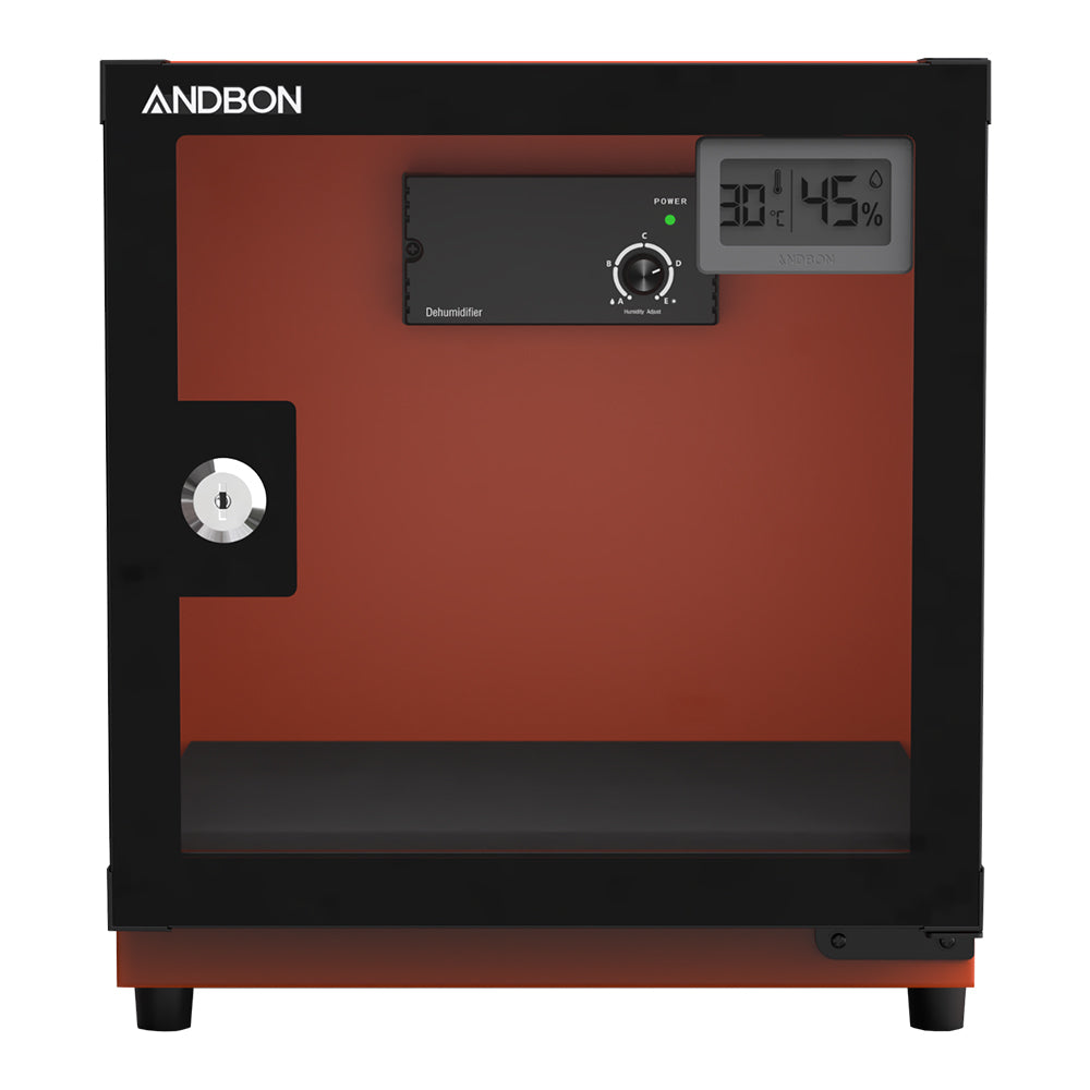 Andbon AB-18C 18L Electronic Dry Cabinet Moisture Proof Dehumidifying Box with 30-60%RH, Noiseless, Analog Digital LCD Display, Controller Knobs and Key Lock Security for DSLR Mirrorless Cameras & Lens Lenses | Metallic Grey, Silver Black, Amber Orange