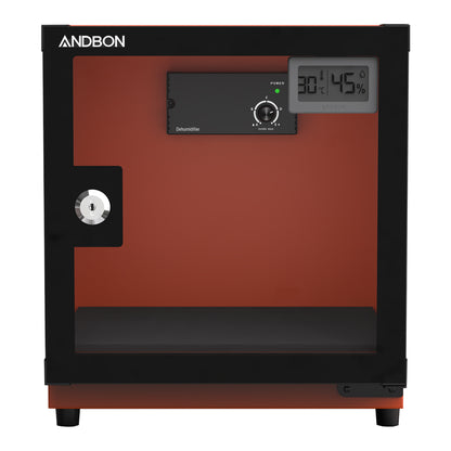 Andbon AB-18C 18L Electronic Dry Cabinet Moisture Proof Dehumidifying Box with 30-60%RH, Noiseless, Alog Digital LCD Display, Controller Knobs and Key Lock Security for DSLR Mirrorless Cameras & Lens Lenses | Metallic Grey, Silver Black, Amber Orange