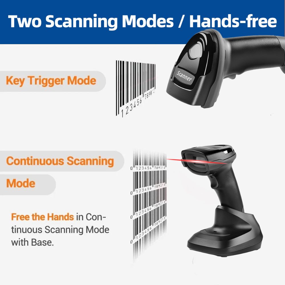 LogicOwl 2D 1D Barcode Scanner with 2.4G Wireless + Bluetooth Connectivity, Up to 70 Meters Wireless Range