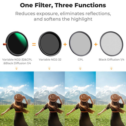 K&F Concept no-X Series 3-in-1 ND2-32 Neutral Density + CPL Circular Polarizer + 1/4 Black Diffusion Mist Lens Filter with 1 to 5 Stops, 28 Multi Layer Coated AGC Optical Glass, Water, Dust and Scratch Resistant