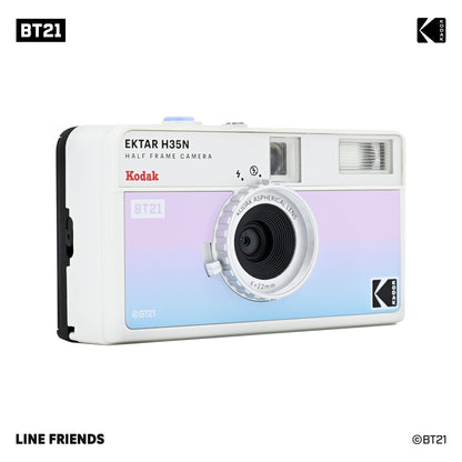 [CLEARANCE] KODAK EKTAR H35N x BT21 Limited Edition 35mm Half-Frame Reusable Film Camera Package with BTS Line Friends Kpop Special Collaboration Sticker Set, Carry Pouch, Wrist Strap Keychain, and Built-In Star Filter for Alog Photography
