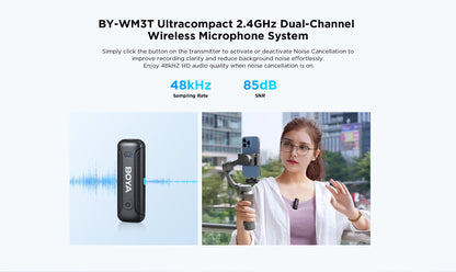 BOYA BY-WM3T-U2 2 Person 2.4GHz Dual Channel USB Type-C Wireless Omnidirectional Microphone System with Noise Cancellation, Bypass Charging, 100m Max Range, Plug and Play For Vlogging and interviews