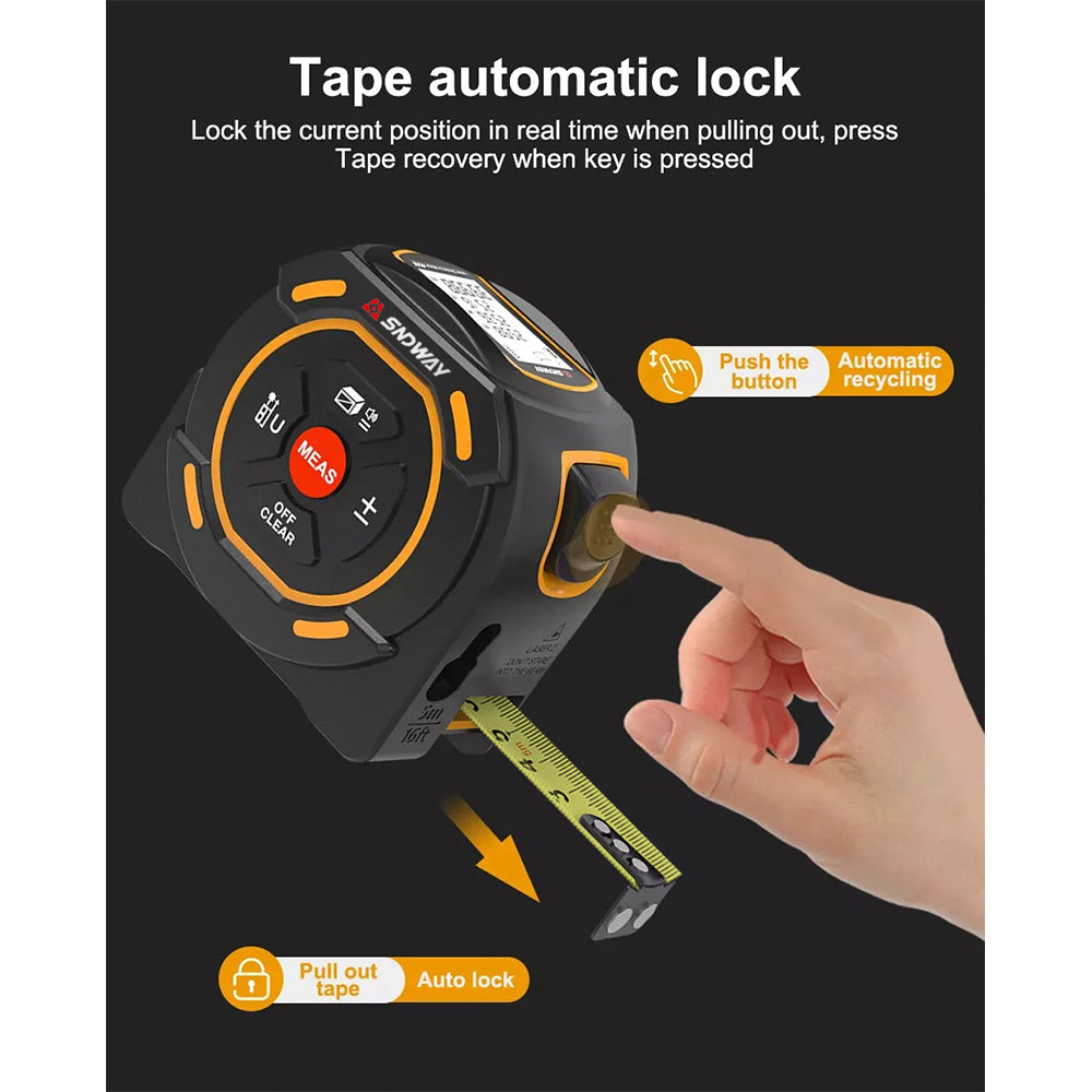 SNDWAY 2-in-1 Digital Rechargeable Laser Distance Measuring Tape Meter with 5M Max Tape Measure & 40M Laser Measurement Range, LCD Display, Push Lock Button and Multiple Measurement Functions for Industrial & Home Improvements | SW-TM40A