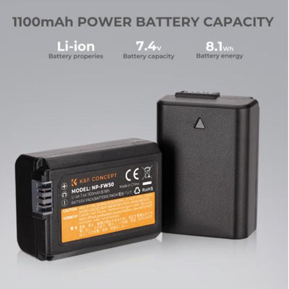 K&F Concept NP-FW50 (3-Pack / 2-Pack) 1100mAh Rechargeable Camera Battery Replacement and Triple / Dual Slot Charger Kit with USB Type-C / Micro B Input Fast Charging Ports for Selected Sony Cameras