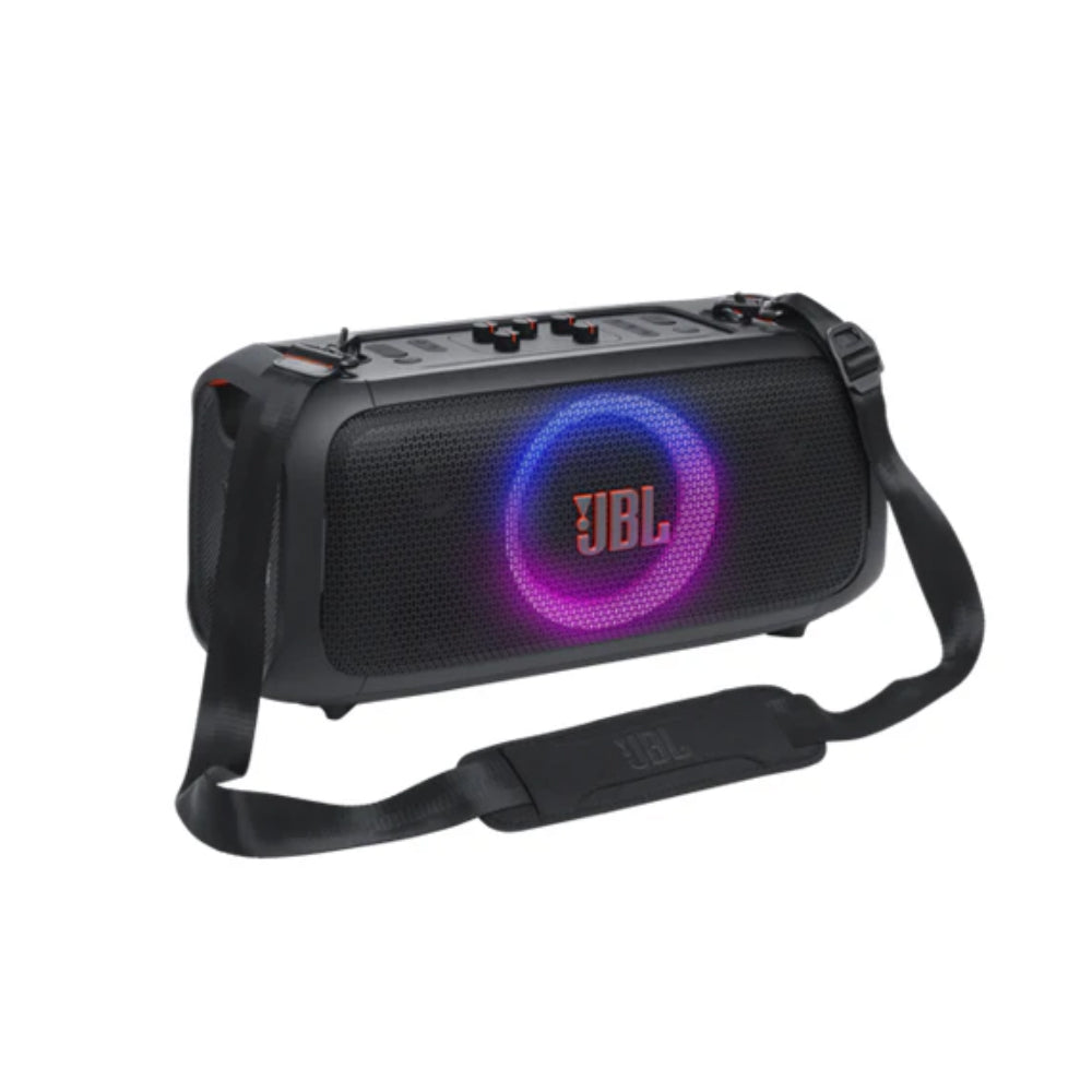 JBL PartyBox On The Go Essential with 2 Wireless Microphones 100W Splash Proof Portable Bluetooth Speaker with Build-In Light Show, 6 hours Music Playtime, Mic & Guitar Jack Audio Inputs for Karaoke Party